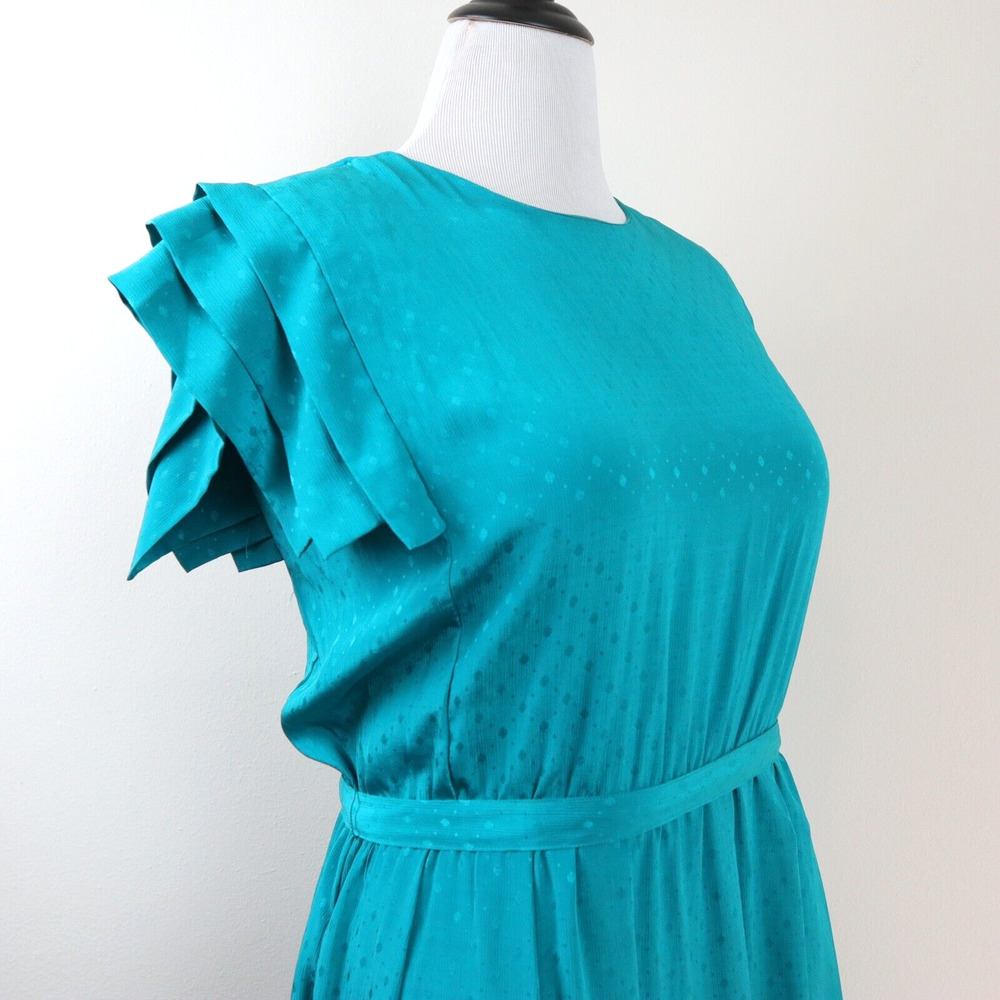 Vintage 1980s Sunshine Alley Size 12 Ruffle Sleeve Dress Teal Satin - Picture 6 of 10
